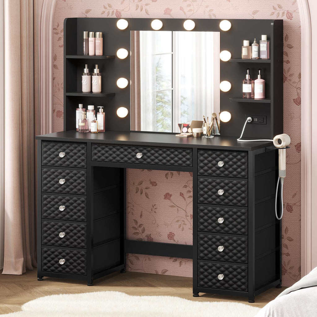 Black Vanity Desk with Mirror and Lights, 11 Drawers M769647