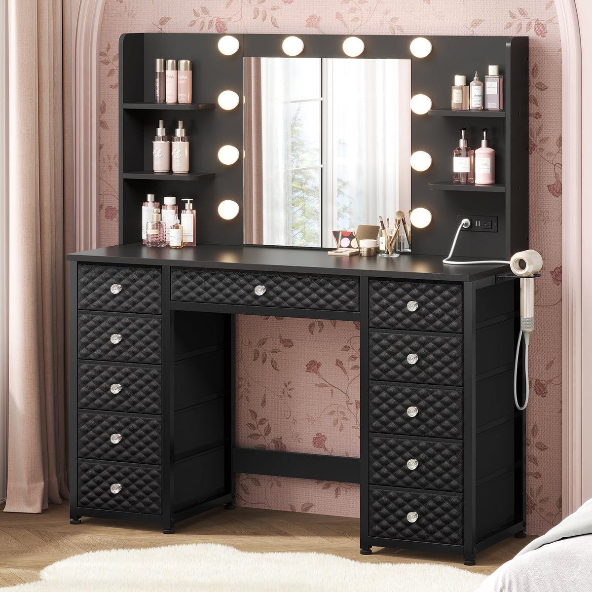 Black Vanity Desk with Mirror and Lights, 11 Drawers M769647