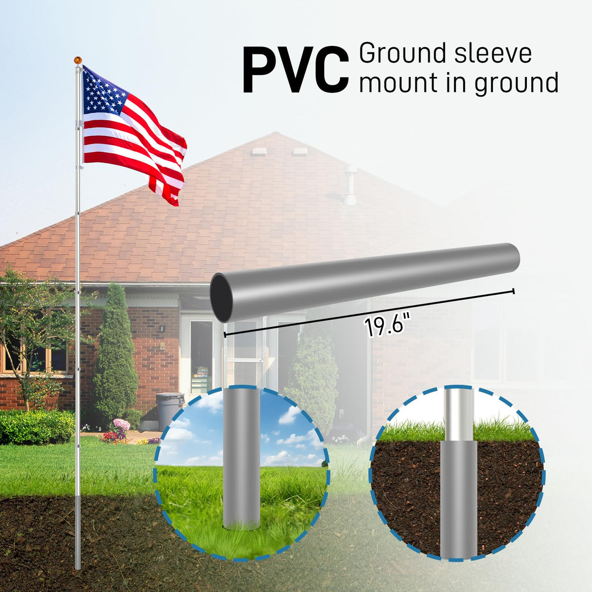 20FT Sectional Heavy Duty Aluminum Flag Pole Kit with 3x5 ft American Flag T316830