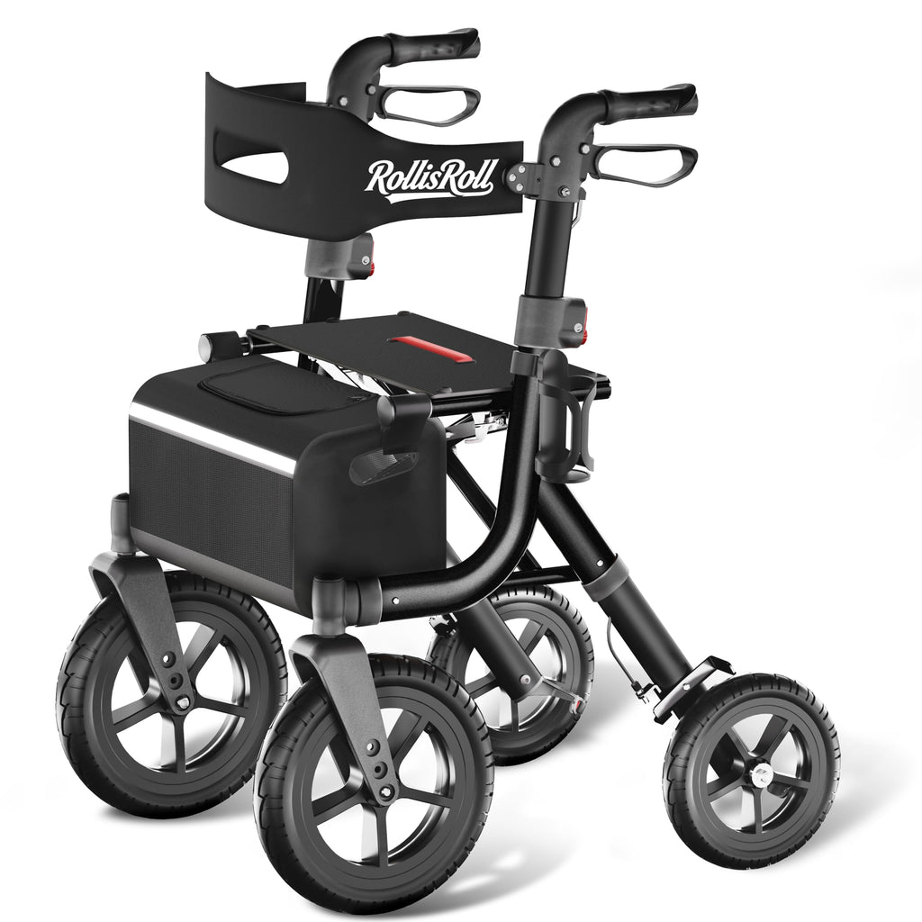 Black Foldable Rollator Walker with Seat, Backrest, 12" Rubber Wheels R922