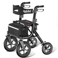 Black Foldable Rollator Walker with Seat, Backrest, 12" Rubber Wheels R922