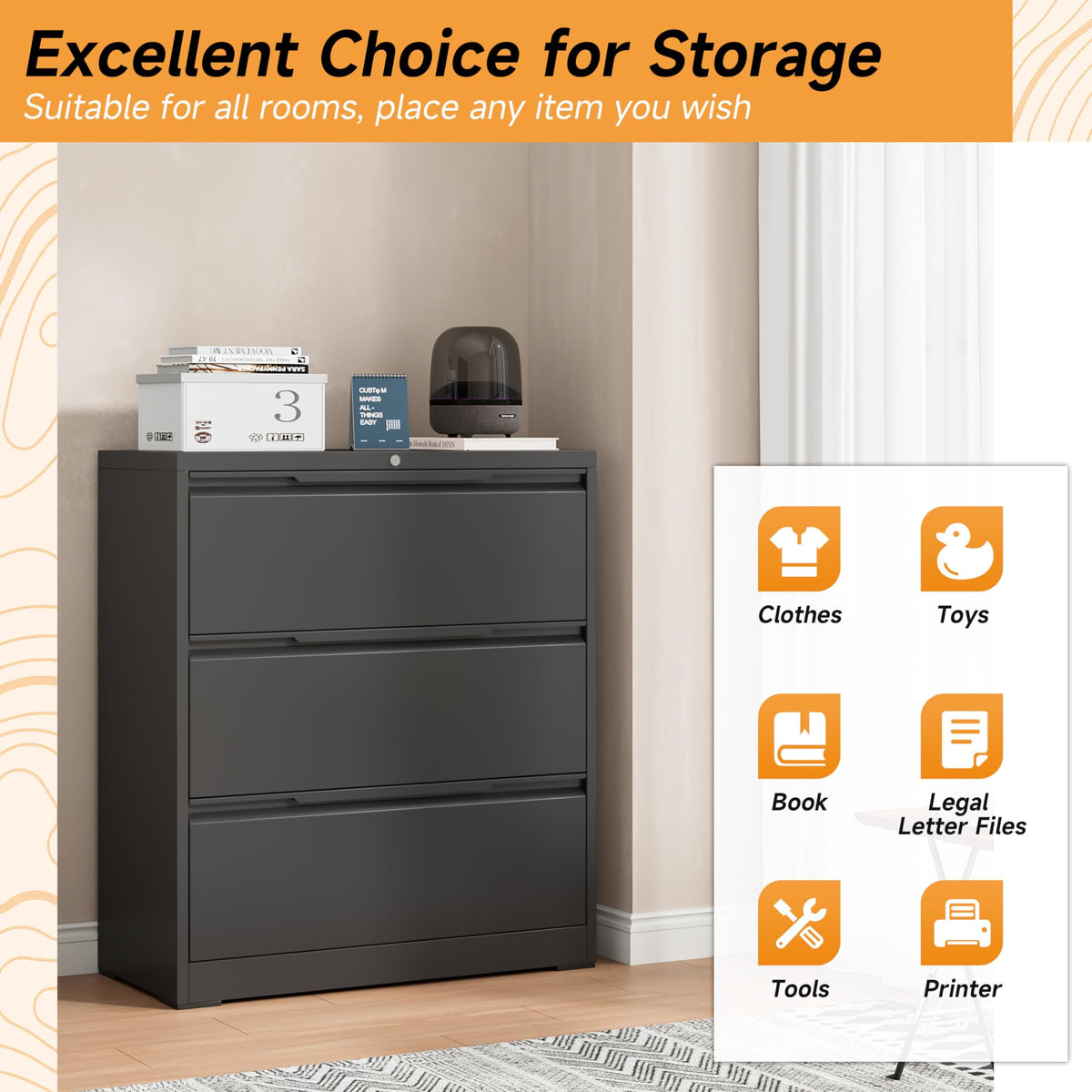3 Drawer Metal File Cabinet with Lock X629239