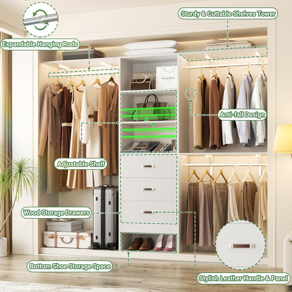 8FT White Wood Closet Organizer System with Drawer U47059