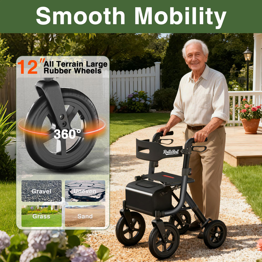 Black Foldable Rollator Walker with Seat, Backrest, 12" Rubber Wheels R922