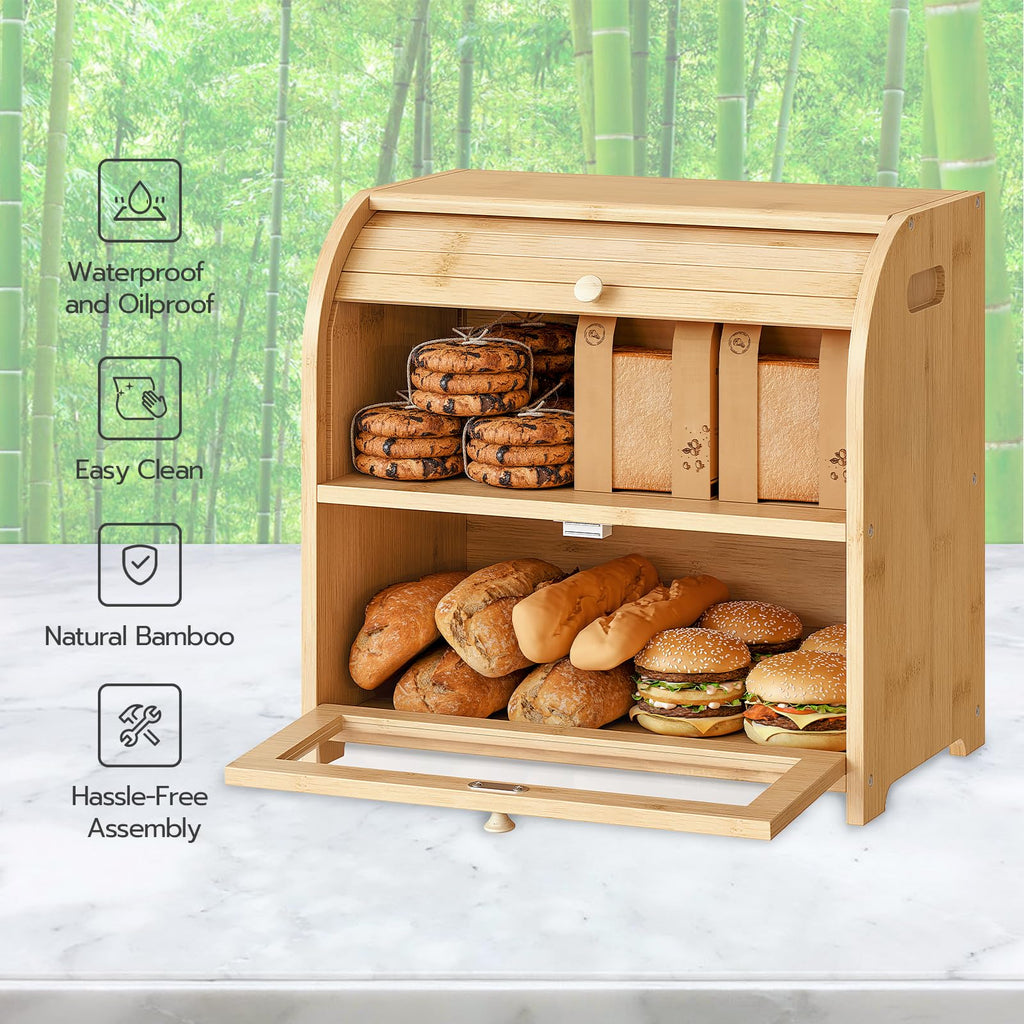 Bamboo 2 Tier Roll-Top Bread Box J15619