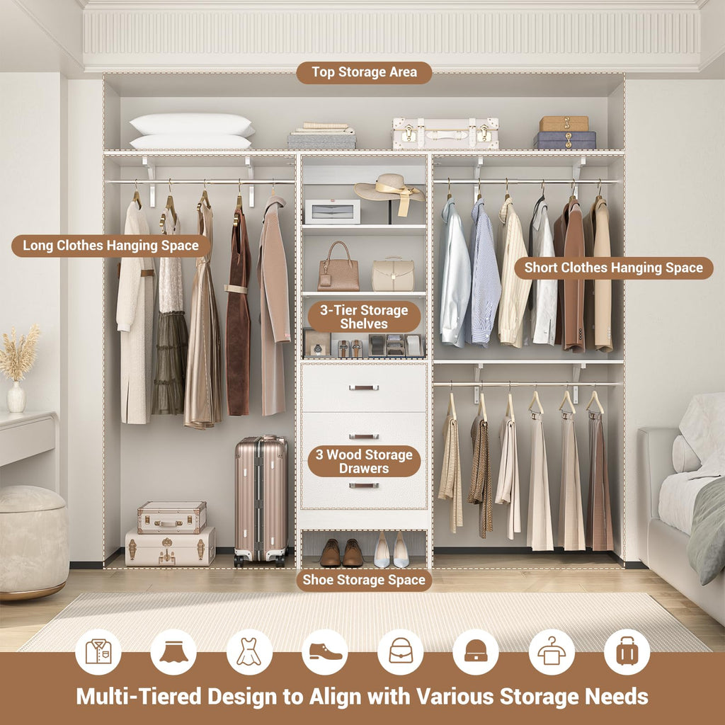 8FT White Wood Closet Organizer System with Drawer U47059