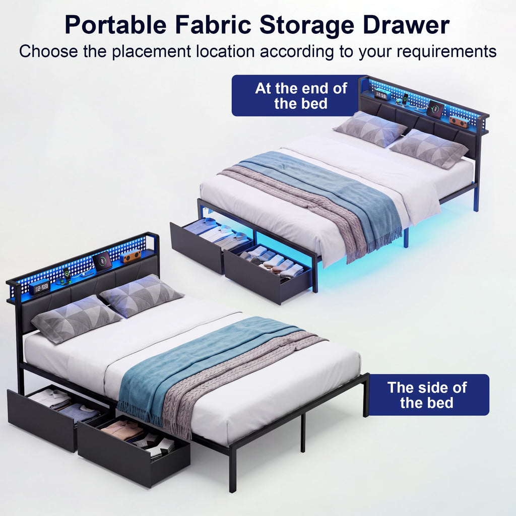 Full Size Upholstered Bed Frame with 2 Drawers and Storage Shelves H85174