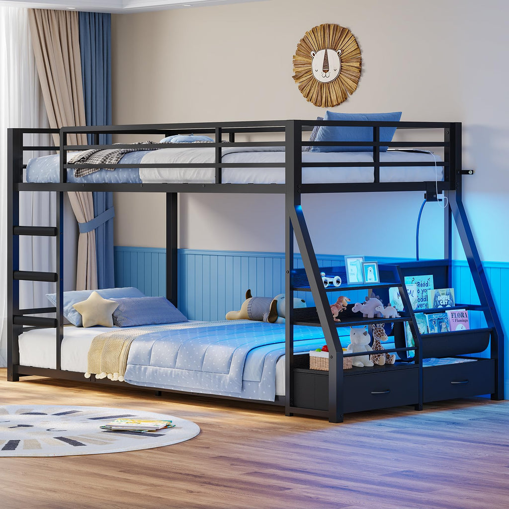 Black Bunk Bed with Bookshelves and Storage Drawers V8448