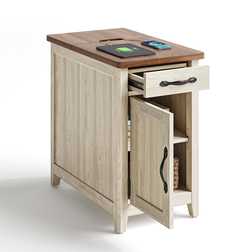 Charging End Table with USB Ports, Wooden Door, Washed Grey T7239