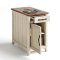 Charging End Table with USB Ports, Wooden Door, Washed Grey T7239