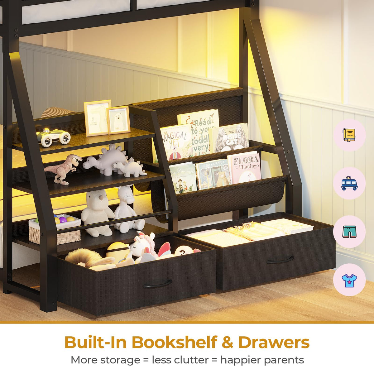 Black Bunk Bed with Bookshelves and Storage Drawers V8448