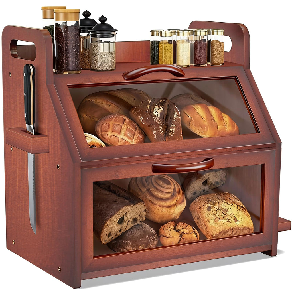 Large Double Layer Bamboo Bread Box with Clear Window O824860