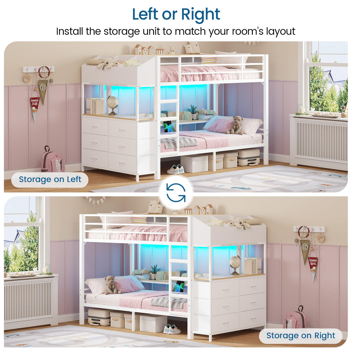 Twin Over Twin Bunk Bed with 6 Storage Drawers, Shelves, LED Lights and Ladder G301020