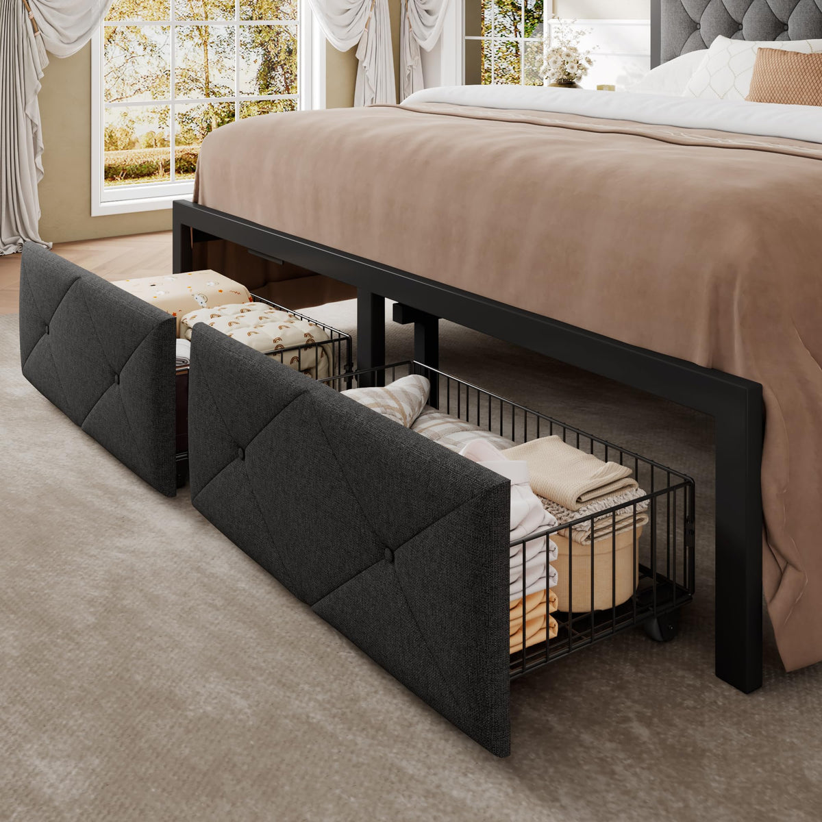 King Size Metal Platform Bed Frame with 2 Storage Drawers R5887