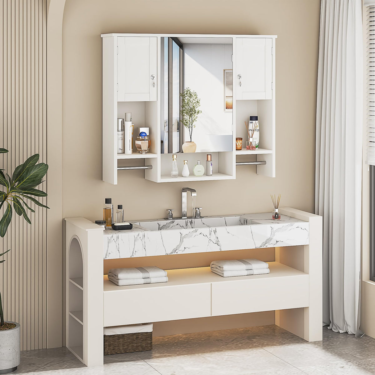 Large White Wall Mounted Bathroom Cabinet with Mirror Q4123