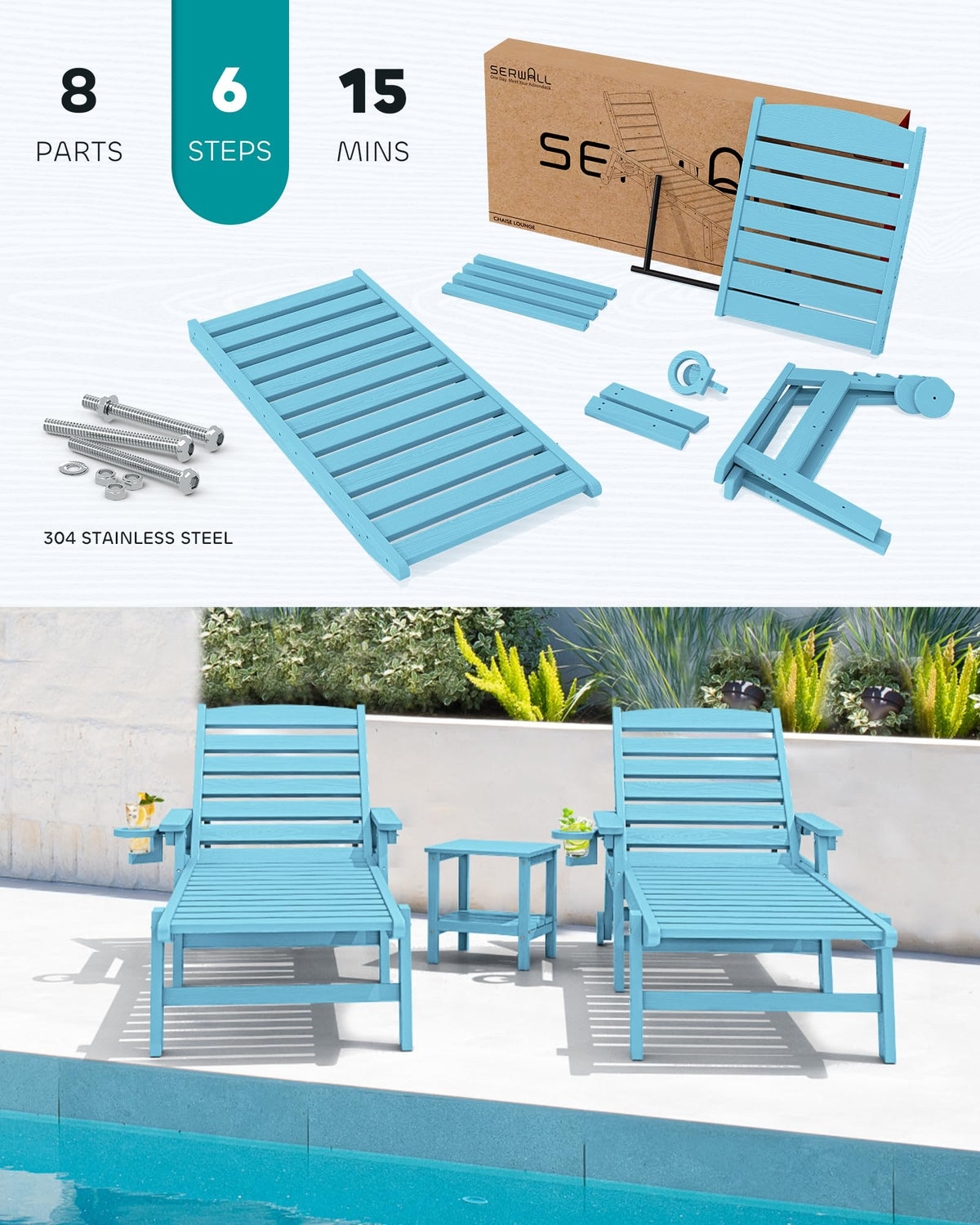 Light Blue Outdoor Lounge Chair Set of 2 with Cup Holder E1799