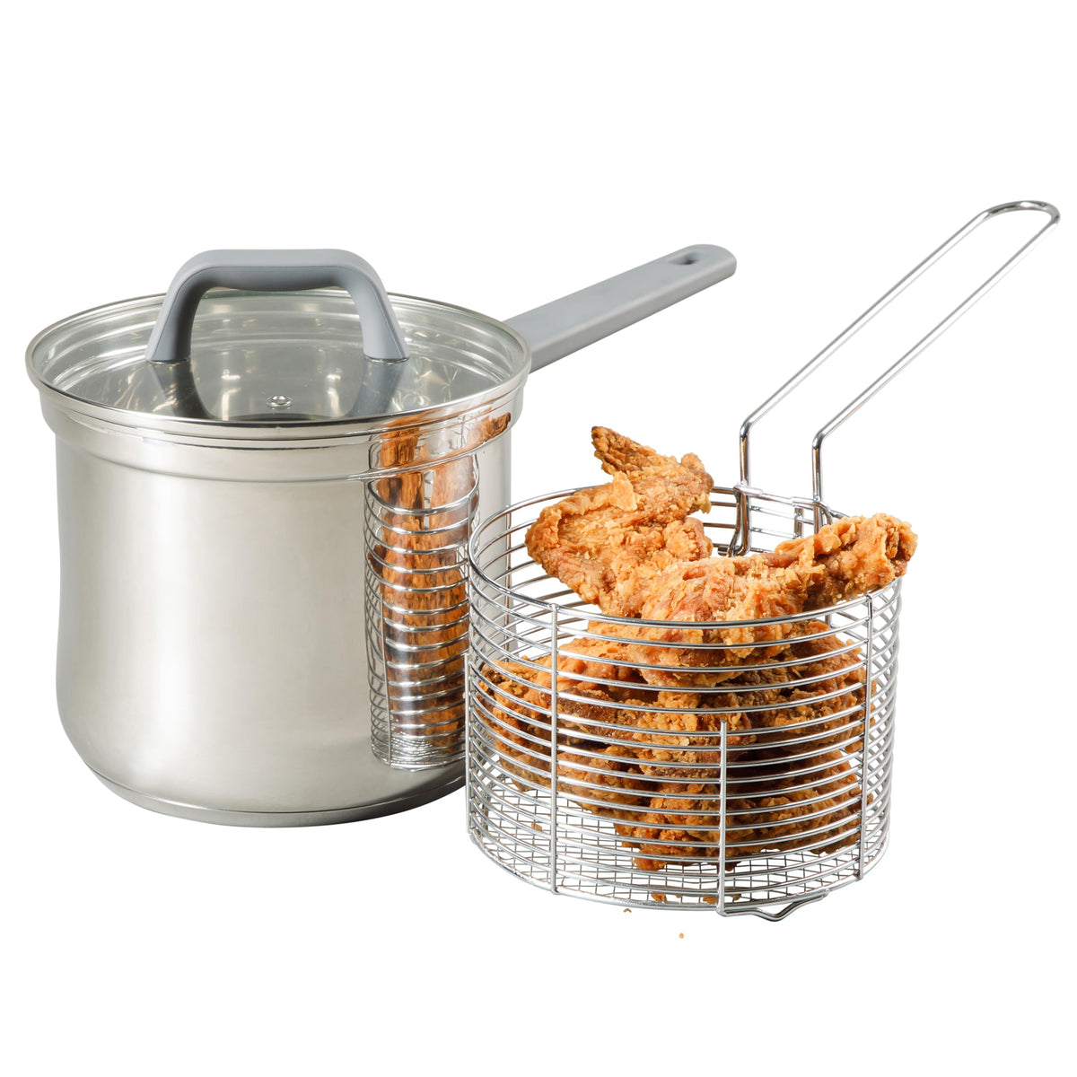 4-Quart Stainless Steel Deep Fryer Pot with Basket & Glass Lid H388