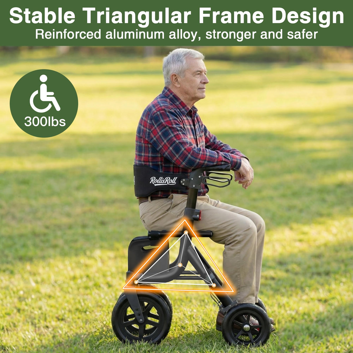 Black Foldable Rollator Walker with Seat, Backrest, 12" Rubber Wheels R922
