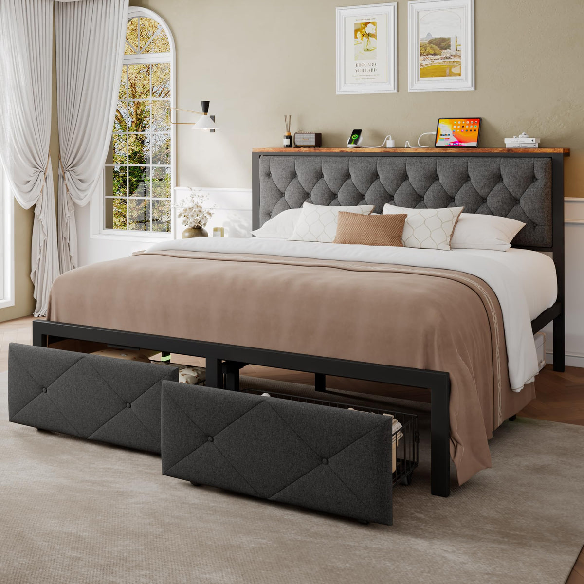 King Size Metal Platform Bed Frame with 2 Storage Drawers R5887