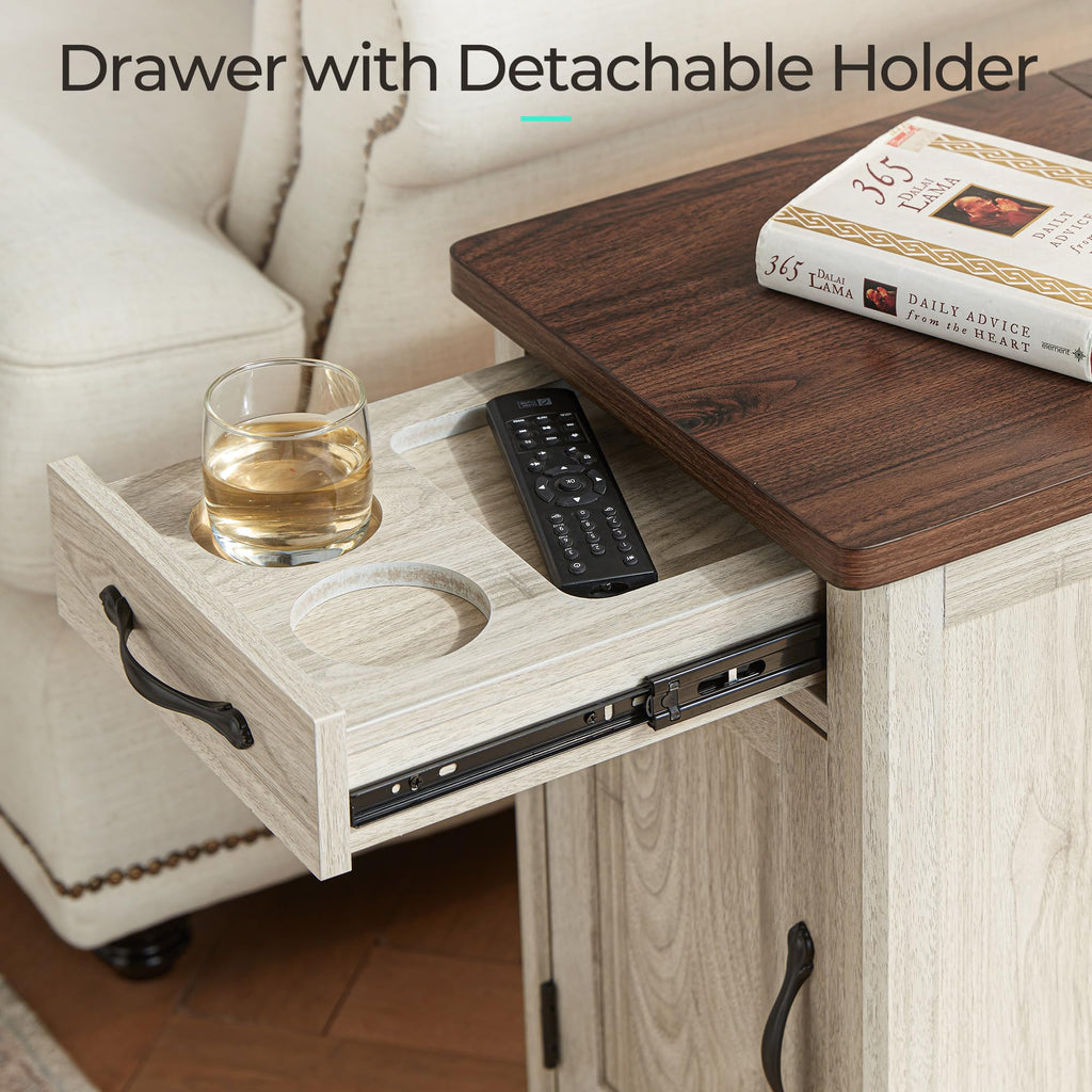 Charging End Table with USB Ports, Wooden Door, Washed Grey T7239