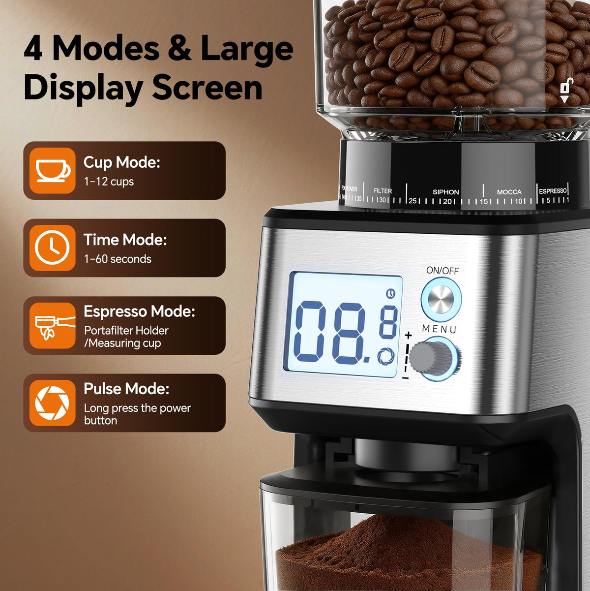 Conical Burr Coffee Grinder, 51 Grind Settings, 1-12 Cups, Stainless Steel U30155