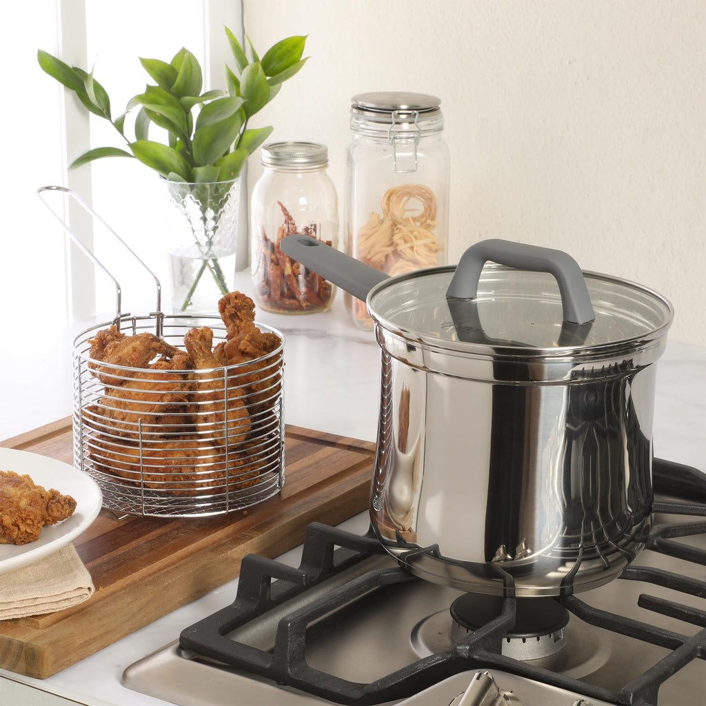 4-Quart Stainless Steel Deep Fryer Pot with Basket & Glass Lid H388