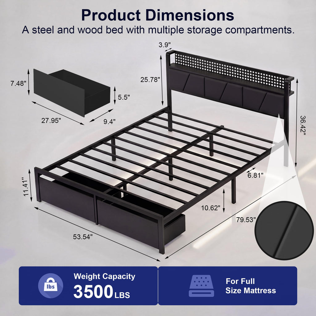 Full Size Upholstered Bed Frame with 2 Drawers and Storage Shelves H85174