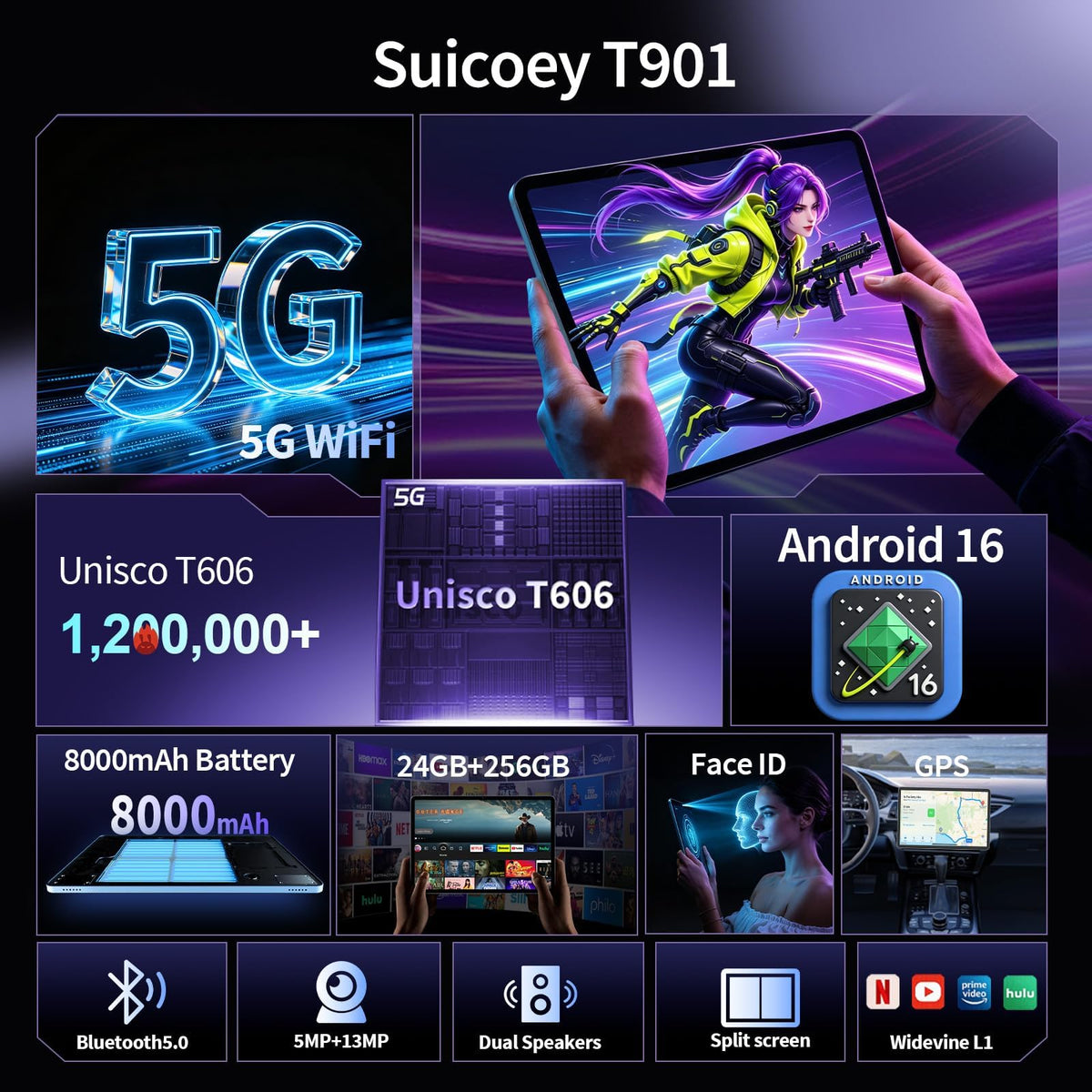 Android 16 Tablet 10 inch 32GB 256GB 2TB Expand Black O7451