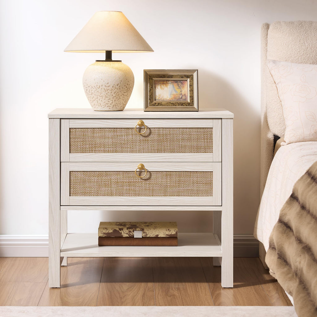 White Rattan Nightstand with 2 Drawers A37556