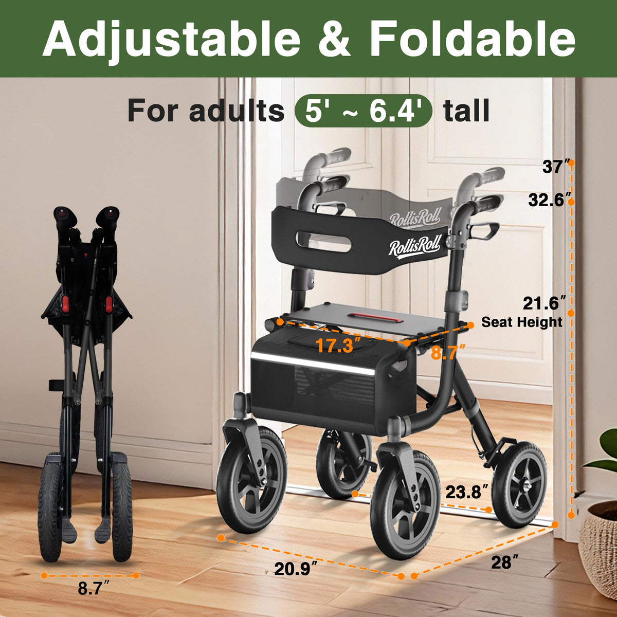 Black Foldable Rollator Walker with Seat, Backrest, 12" Rubber Wheels R922