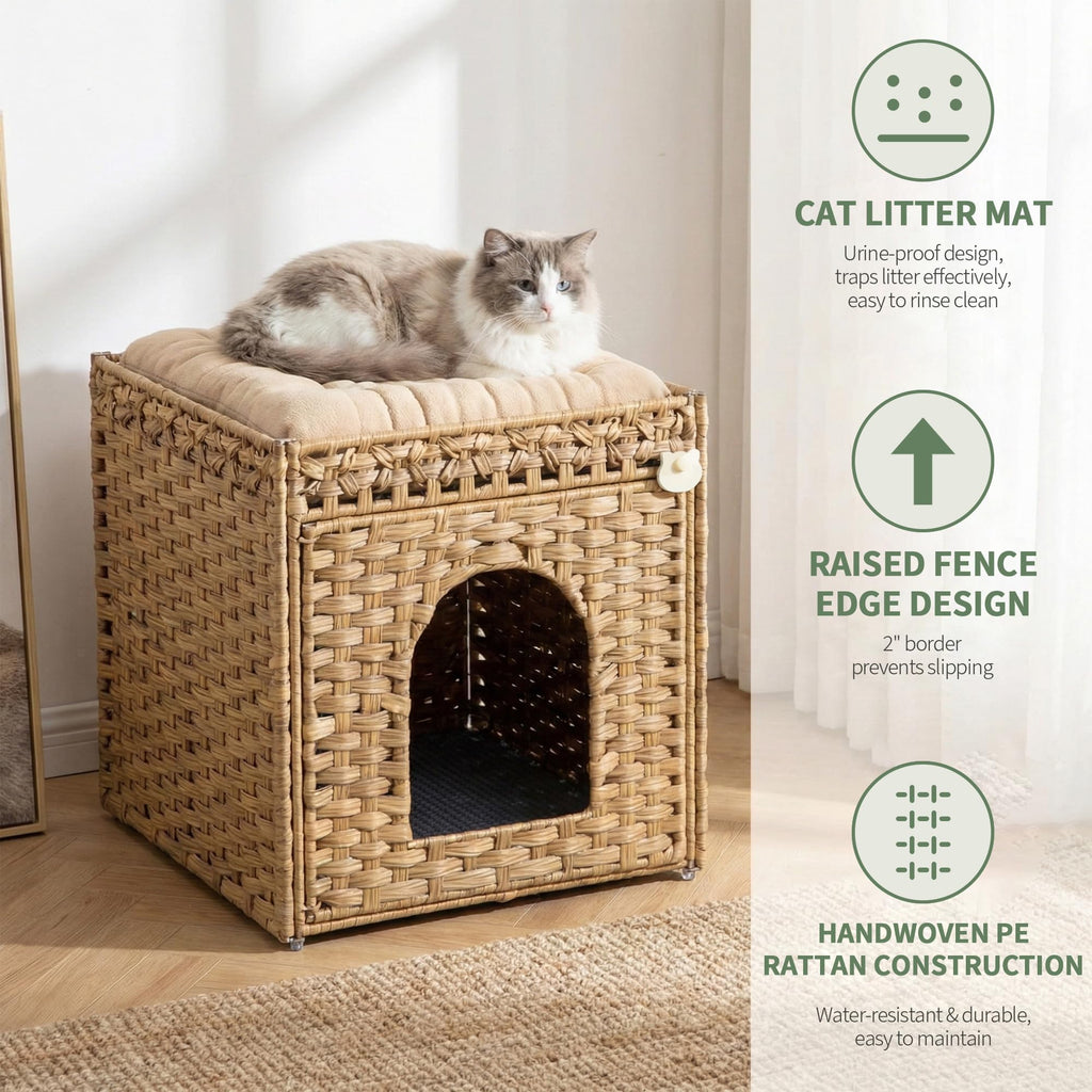 Rattan Cat Litter Box Enclosure Cabinet with Mat B153