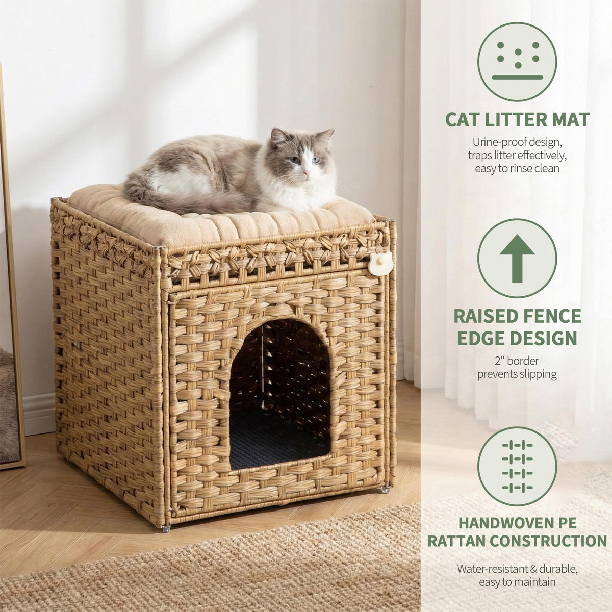 Rattan Cat Litter Box Enclosure Cabinet with Mat B153