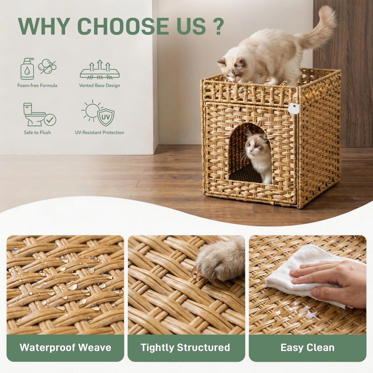 Rattan Cat Litter Box Enclosure Cabinet with Mat B153