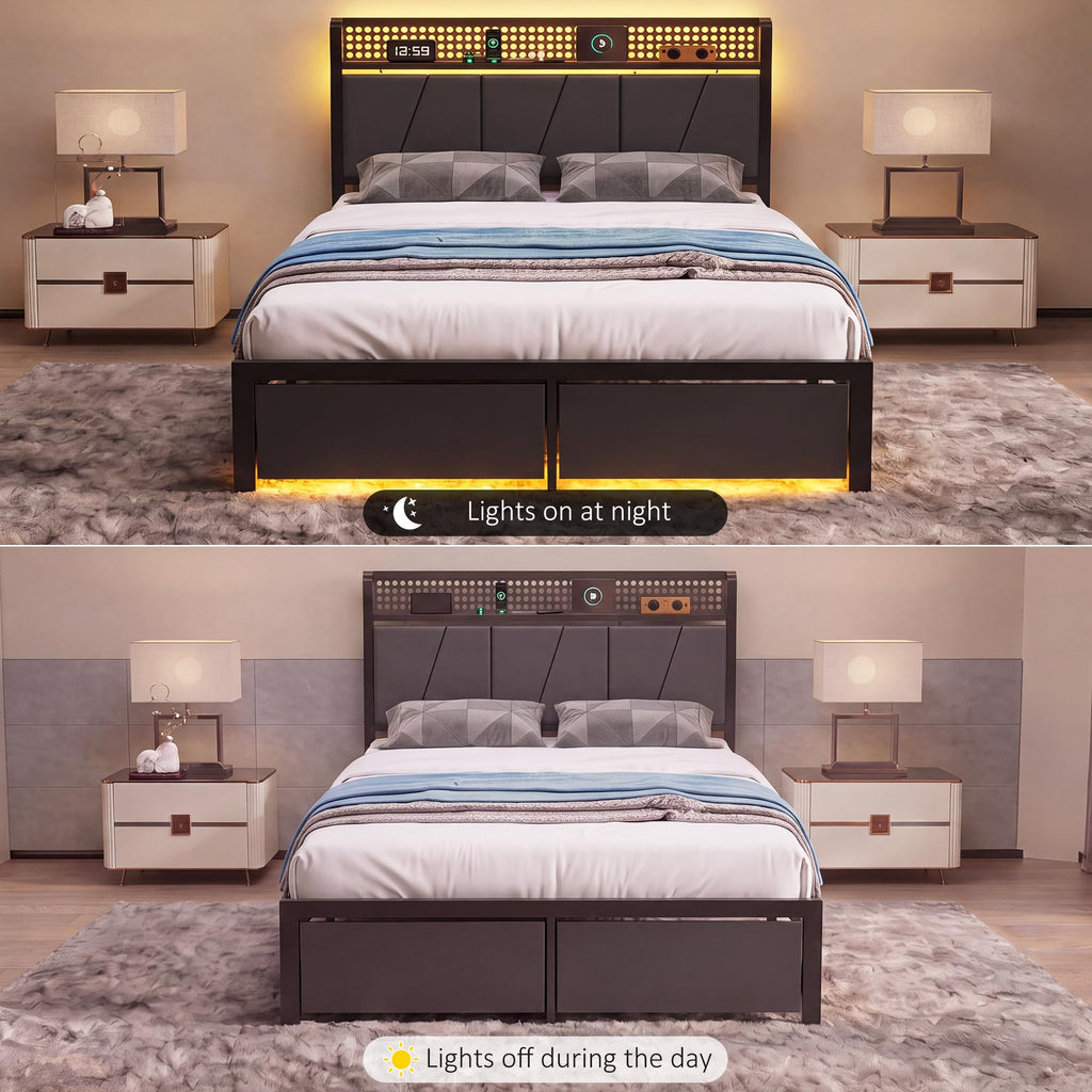 Full Size Upholstered Bed Frame with 2 Drawers and Storage Shelves H85174