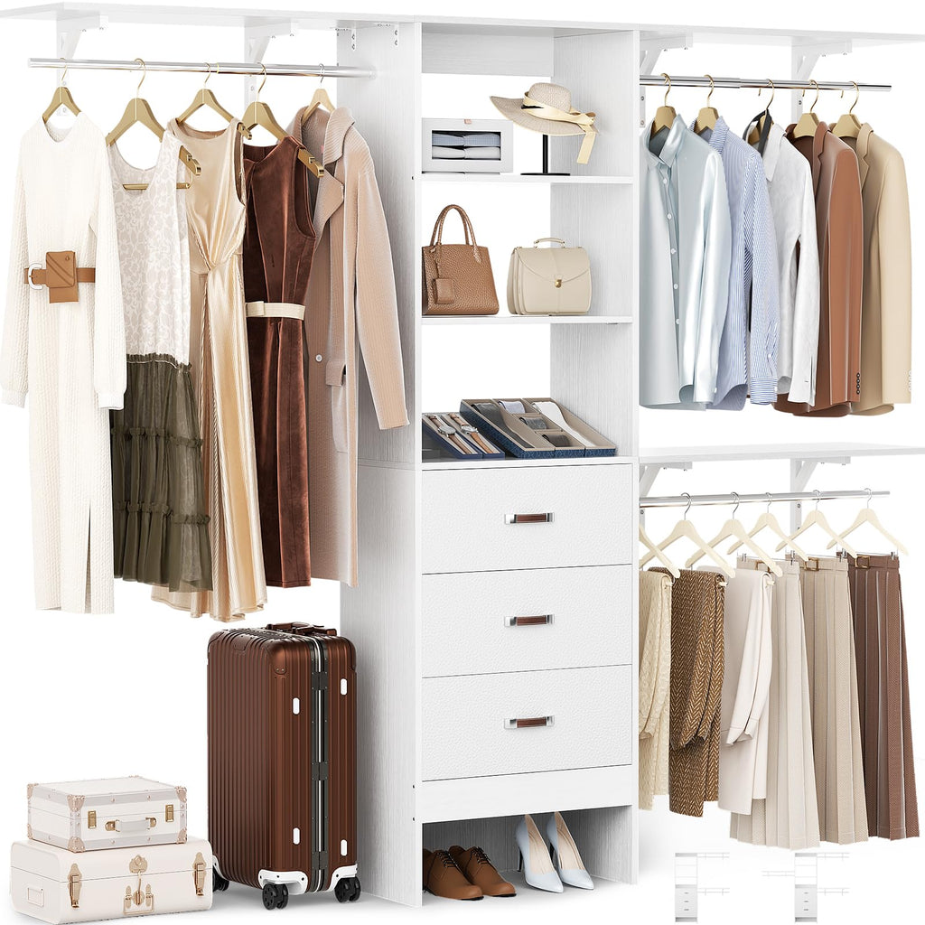 8FT White Wood Closet Organizer System with Drawer U47059