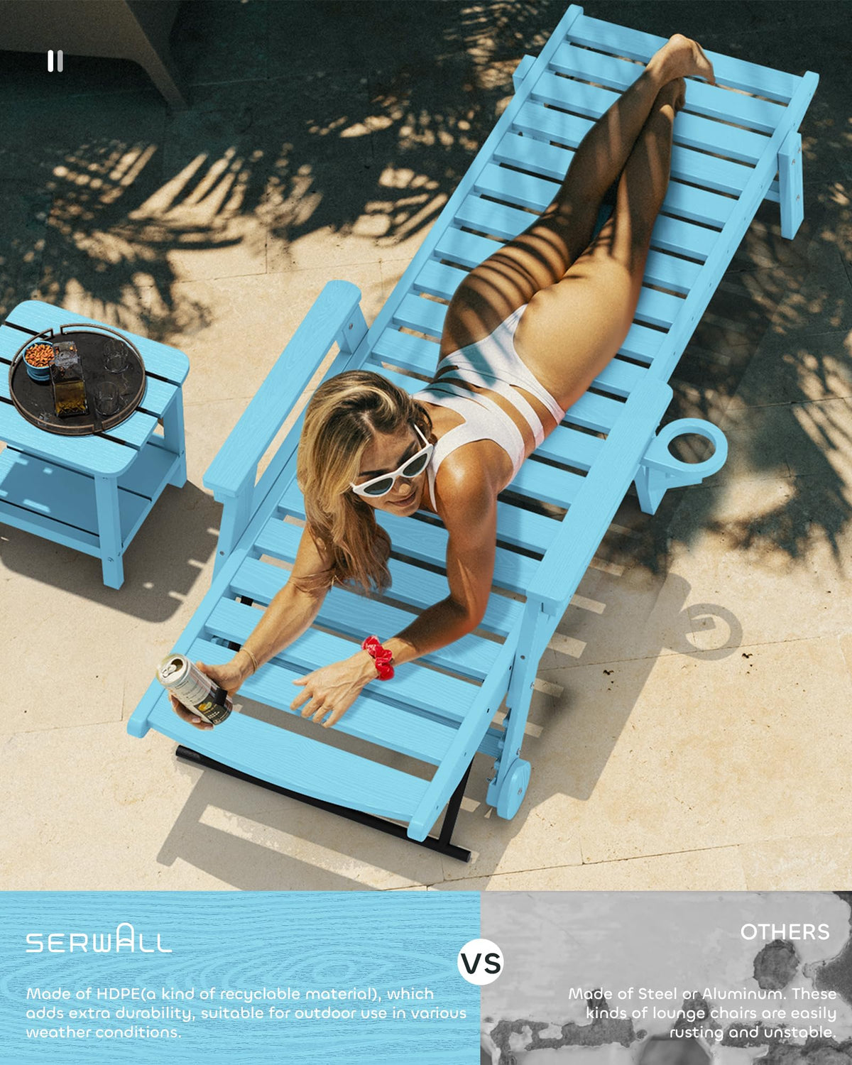 Light Blue Outdoor Lounge Chair Set of 2 with Cup Holder E1799