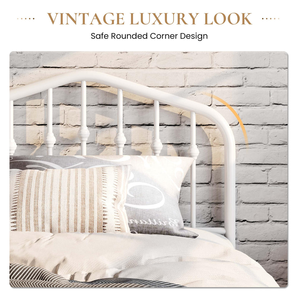 Twin Size White Metal Bed Frame with Wrought Iron-Art Headboard M142