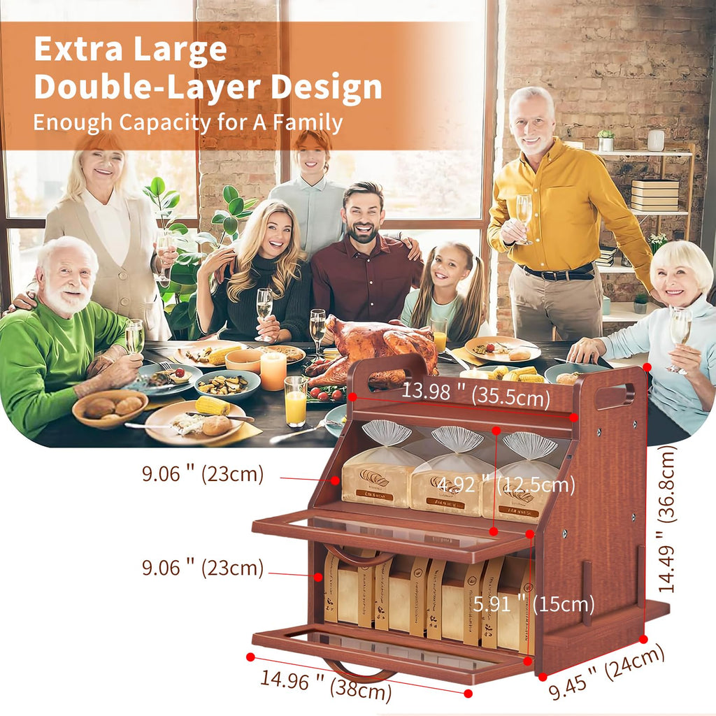 Large Double Layer Bamboo Bread Box with Clear Window O824860