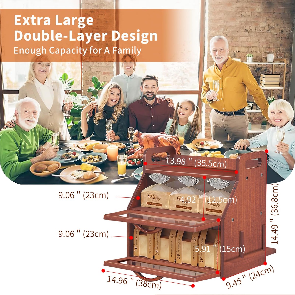 Large Double Layer Bamboo Bread Box with Clear Window O824860