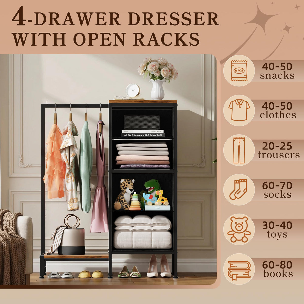 Tall Dresser with Hanging Rack, 4 Drawers Q977927