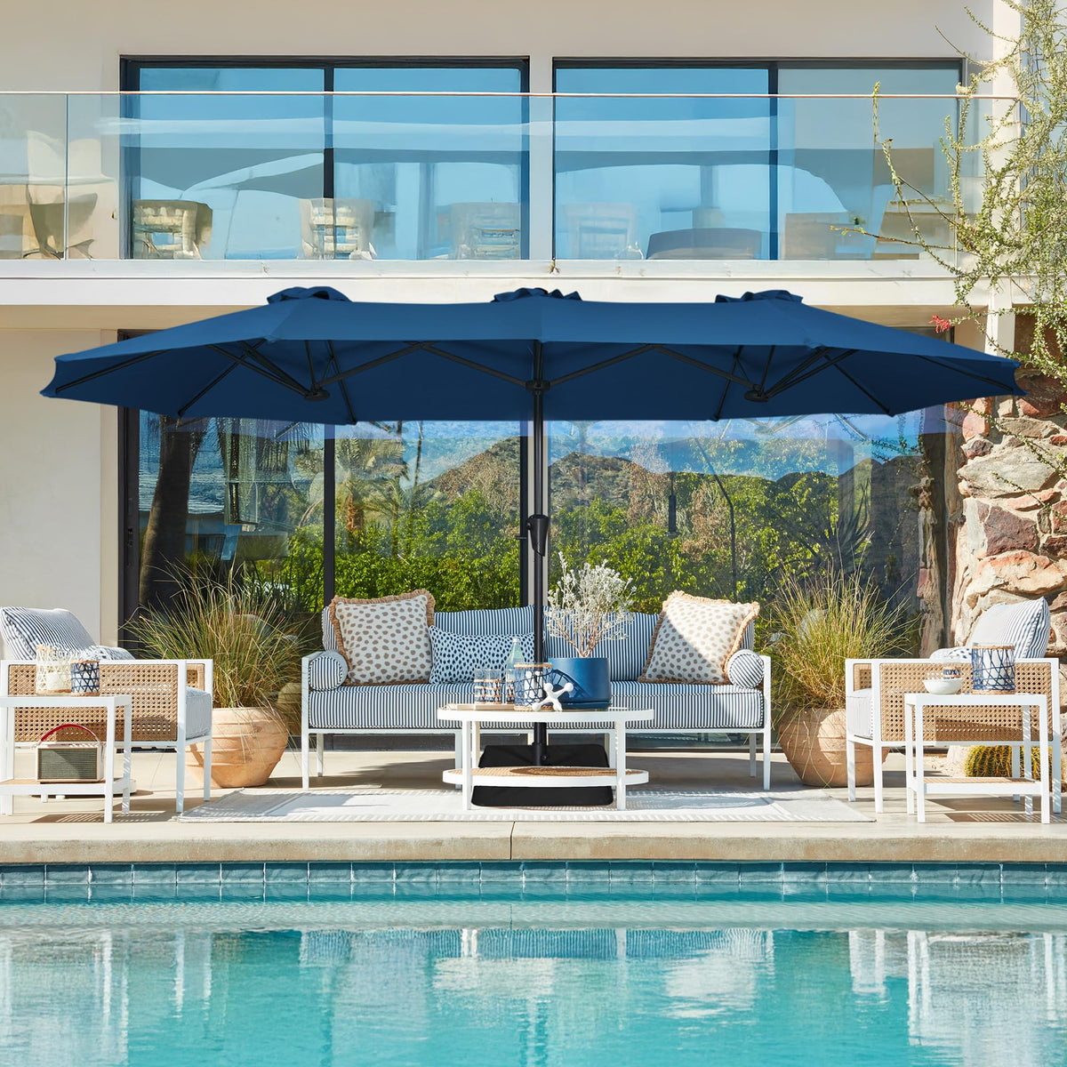 13FT Double Sided Navy Blue Patio Umbrella with Base H732