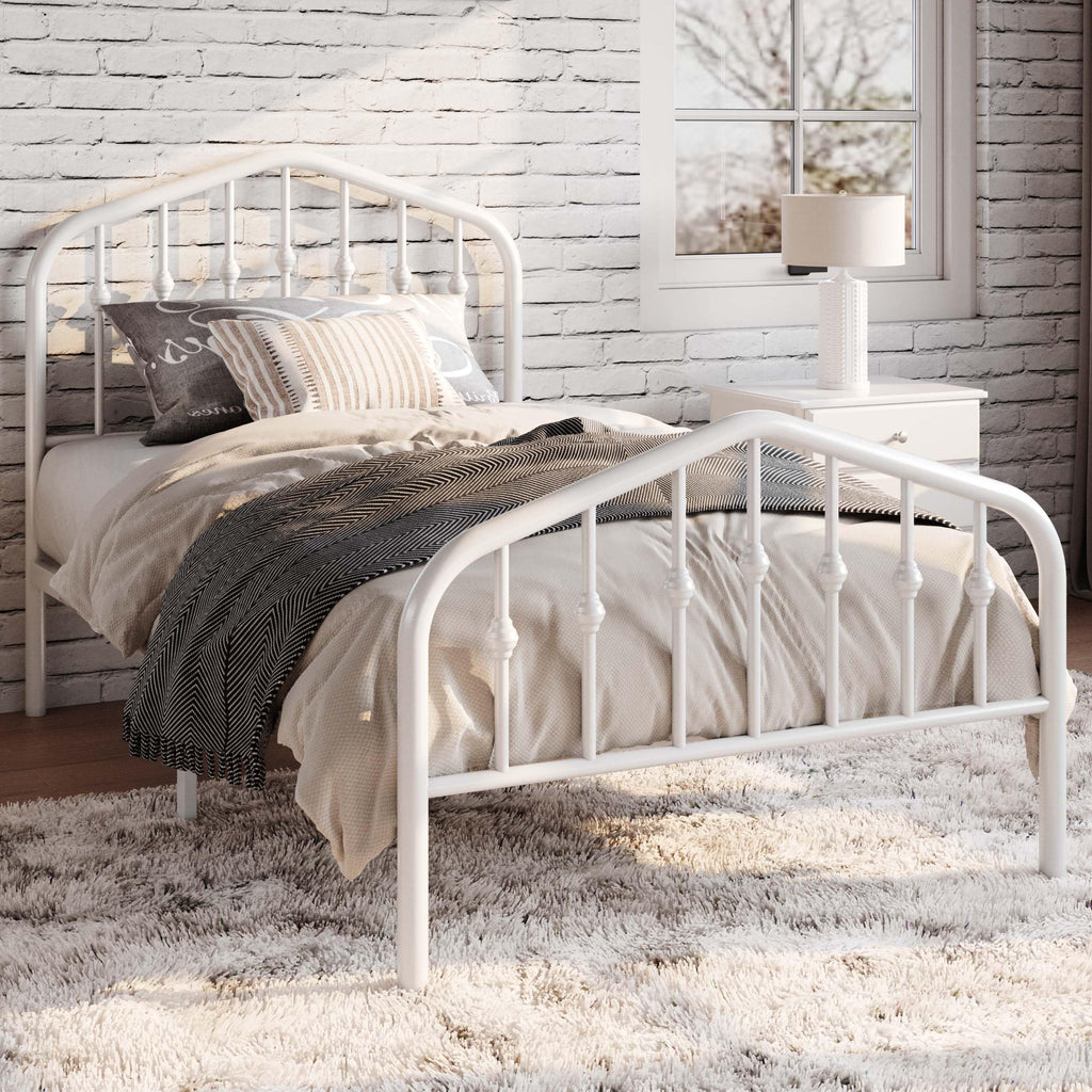 Twin Size White Metal Bed Frame with Wrought Iron-Art Headboard M142