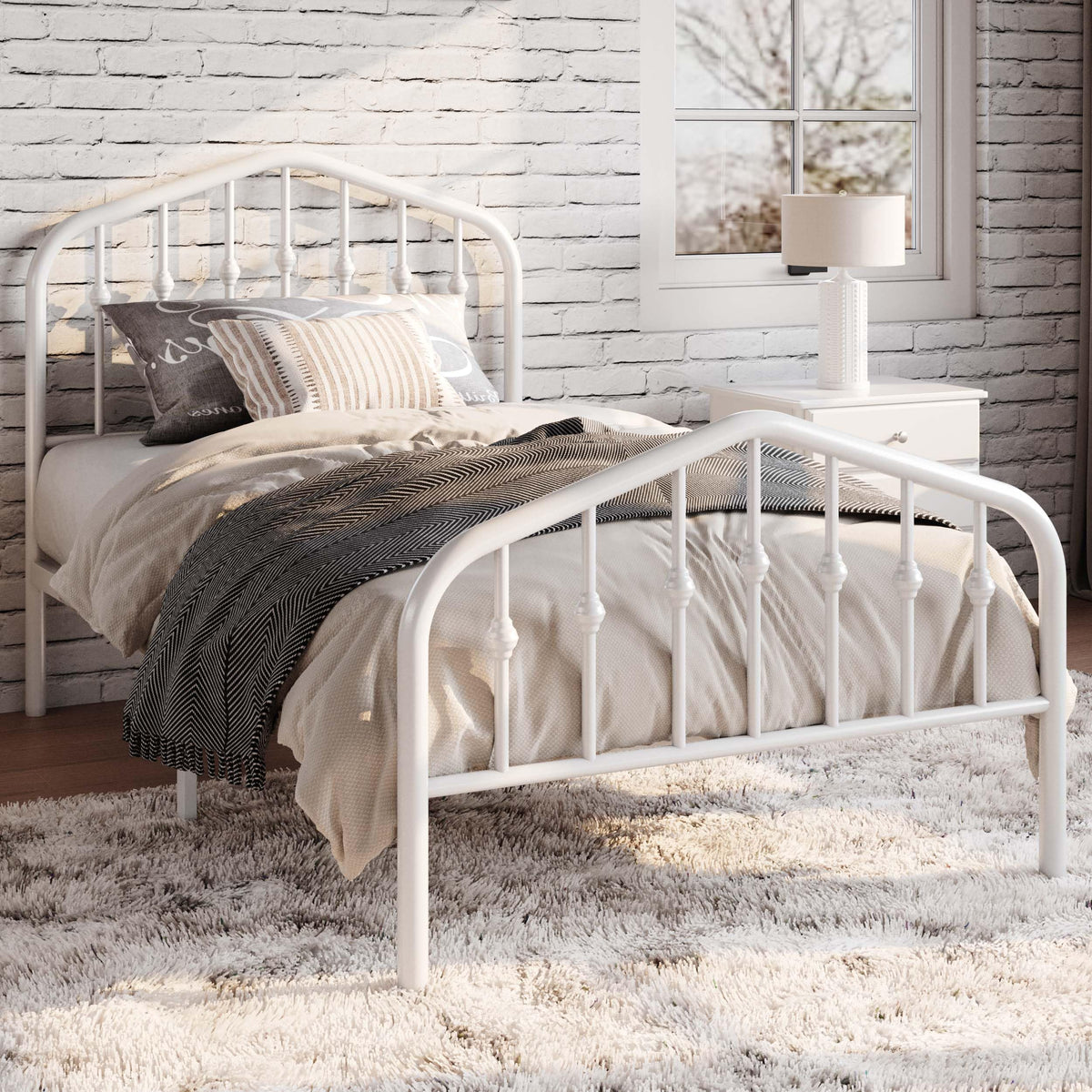 Twin Size White Metal Bed Frame with Wrought Iron-Art Headboard M142