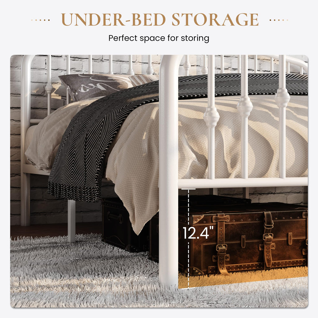 Twin Size White Metal Bed Frame with Wrought Iron-Art Headboard M142