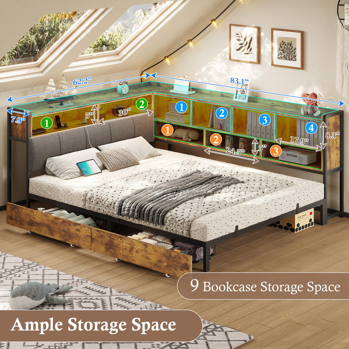 Full Size Corner Bed Frame with Storage and Drawers N556