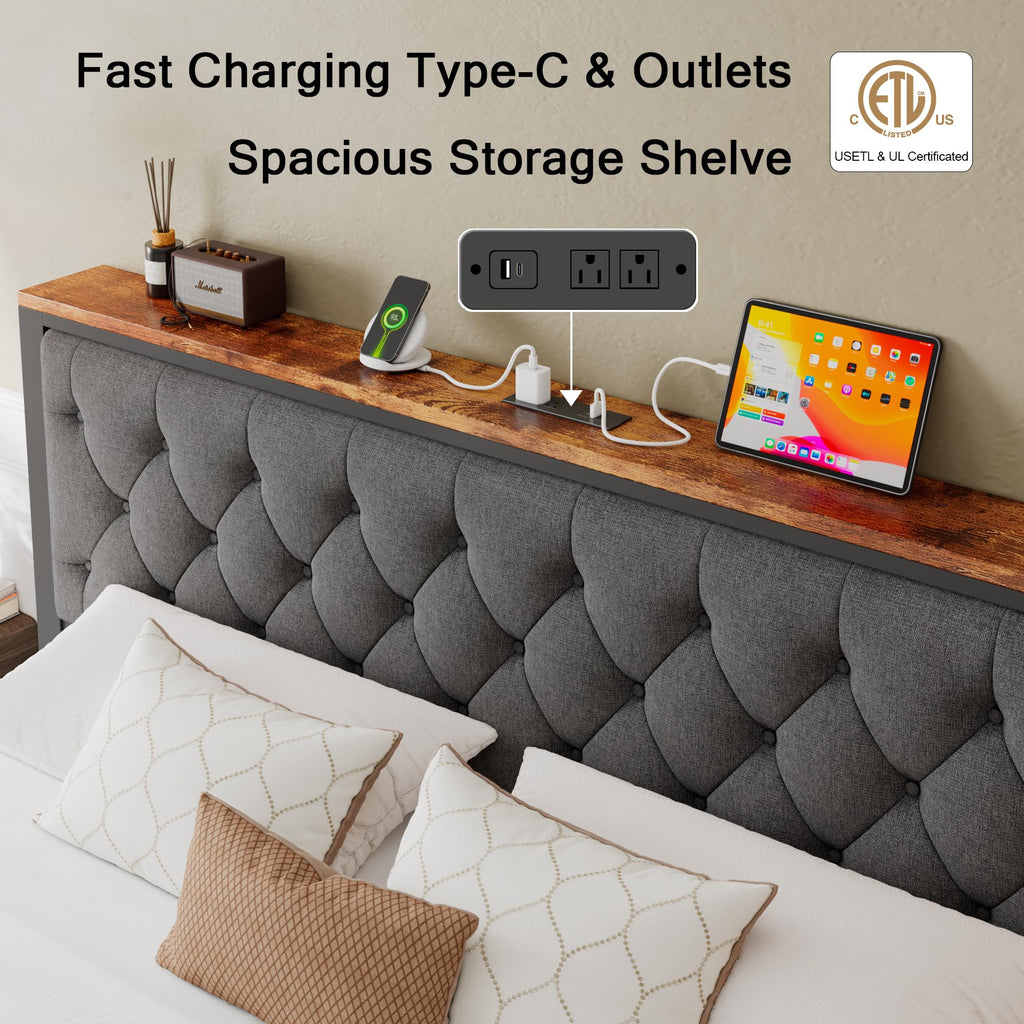 King Size Metal Platform Bed Frame with 2 Storage Drawers R5887