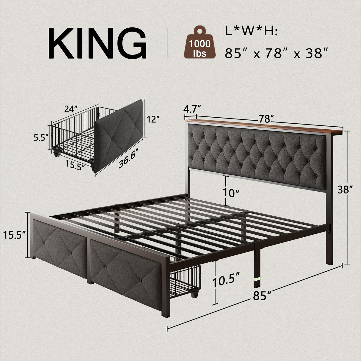 King Size Metal Platform Bed Frame with 2 Storage Drawers R5887