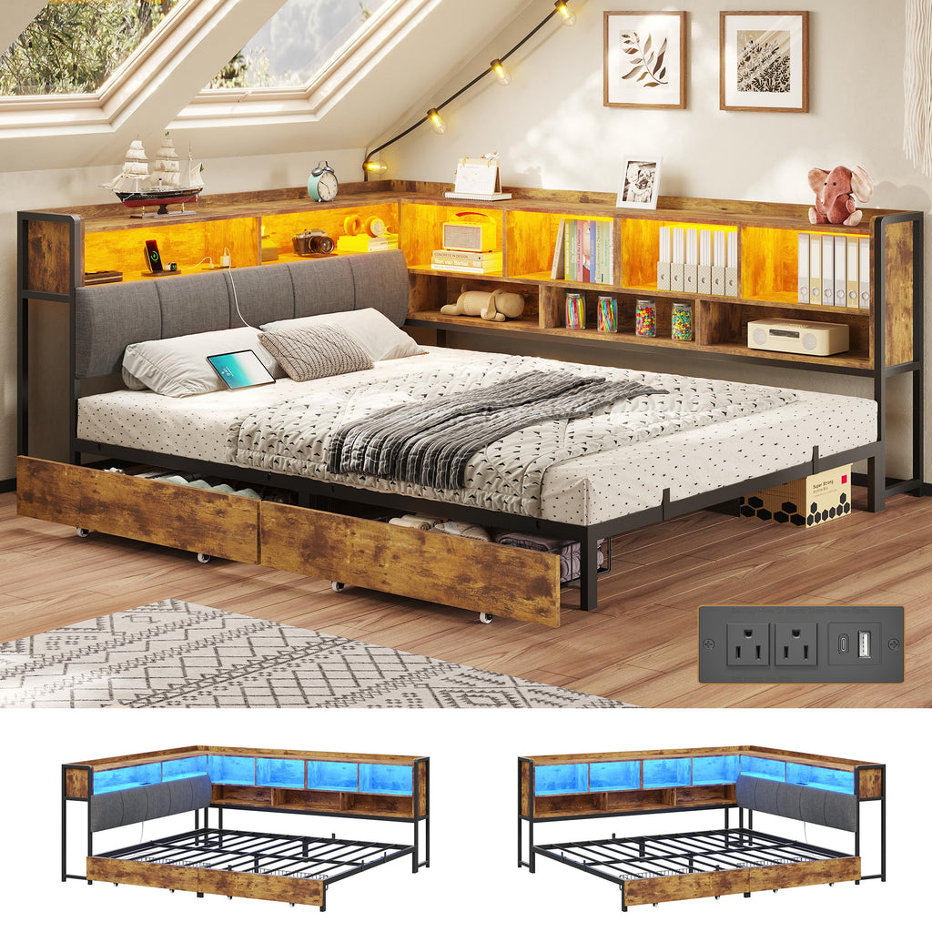 Full Size Corner Bed Frame with Storage and Drawers N556