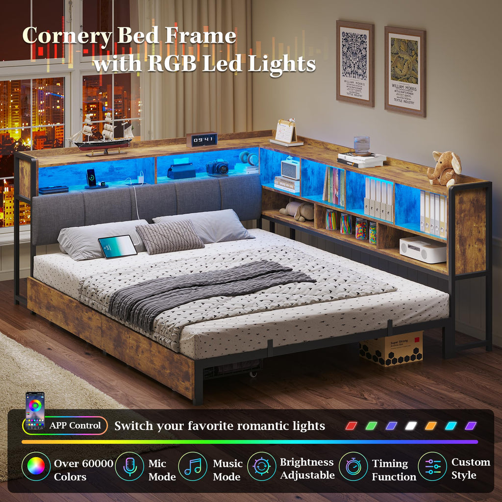 Full Size Corner Bed Frame with Storage and Drawers N556