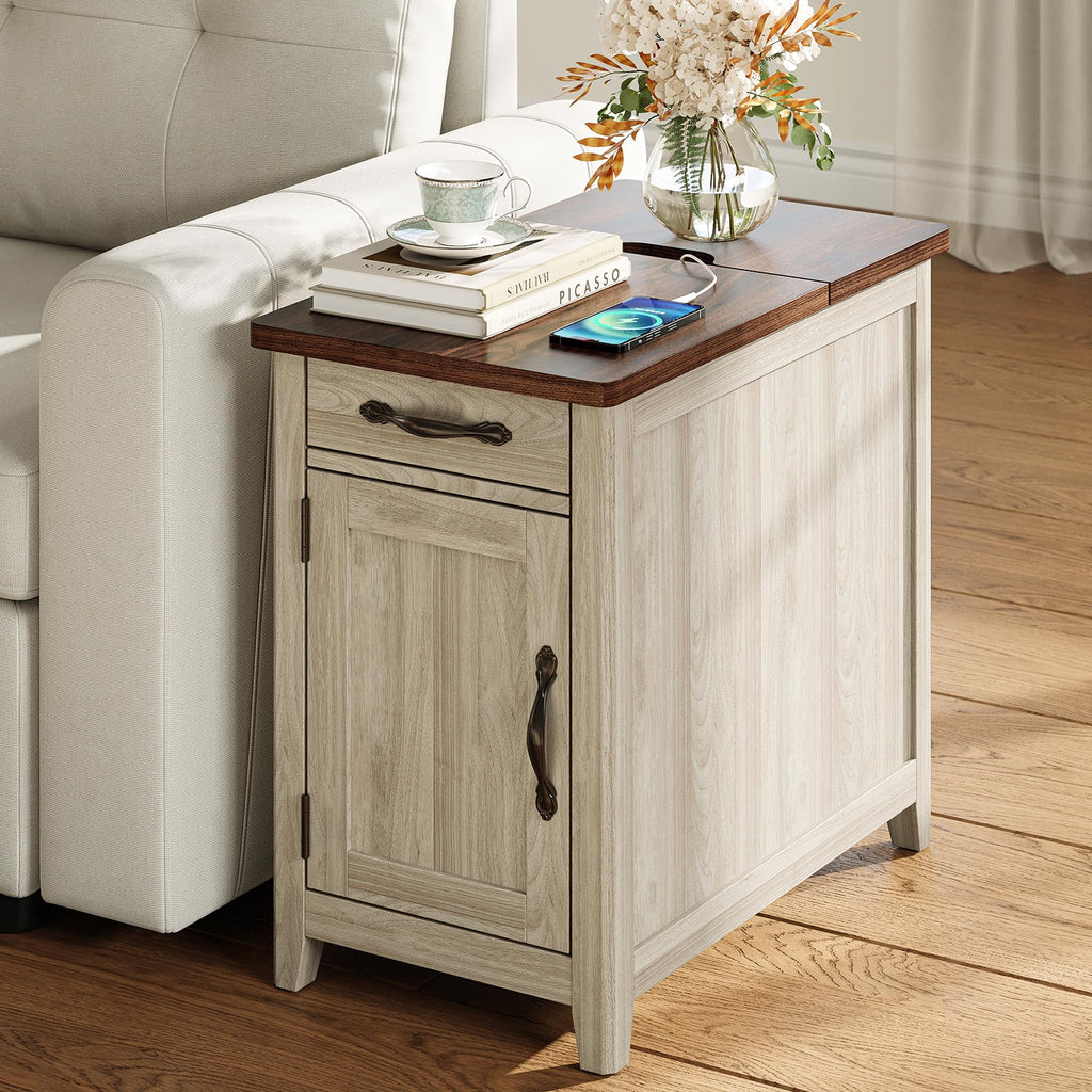 Charging End Table with USB Ports, Wooden Door, Washed Grey T7239